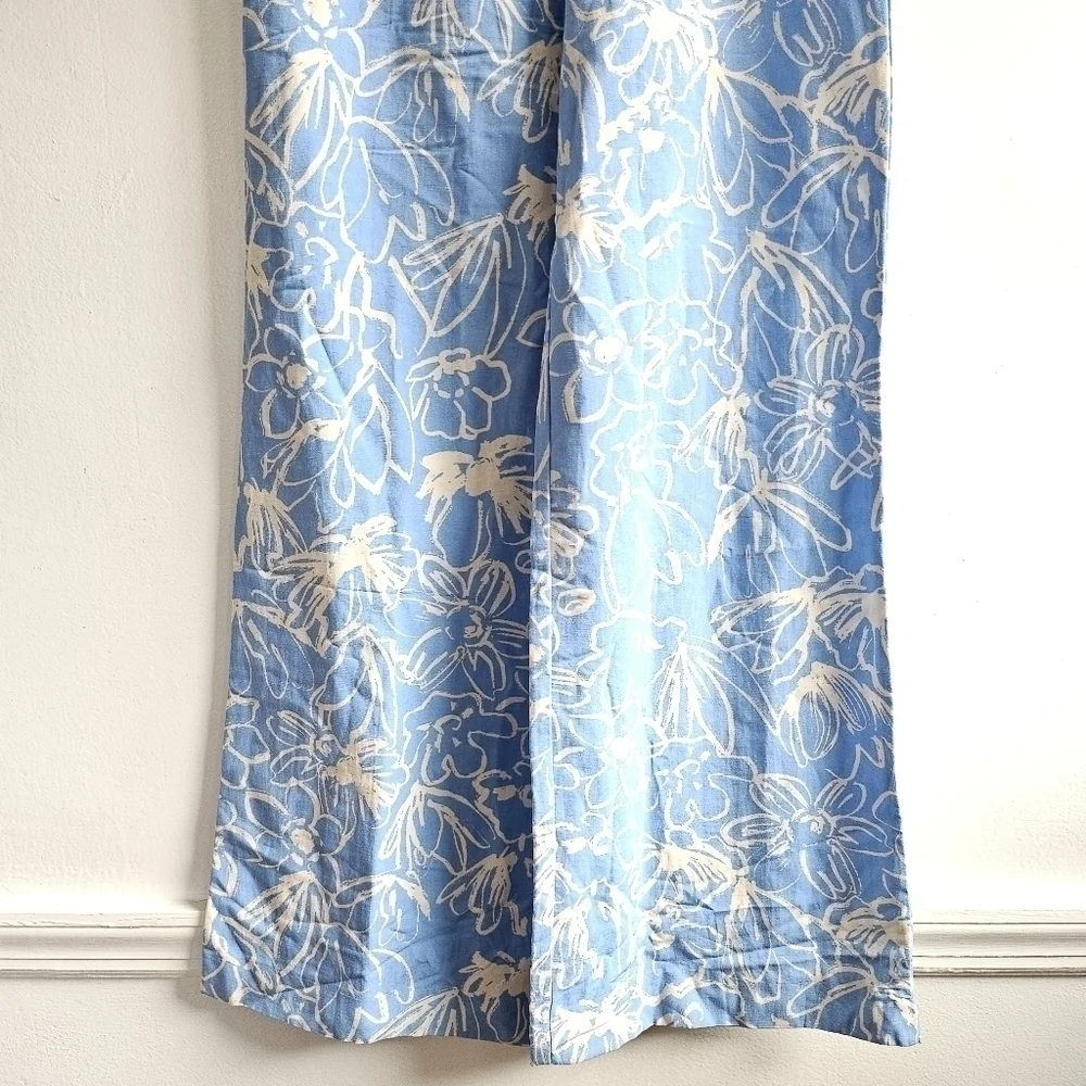 New Zara Full Length Floral Linen Blend High Waisted Blue/White Pants NWT Small